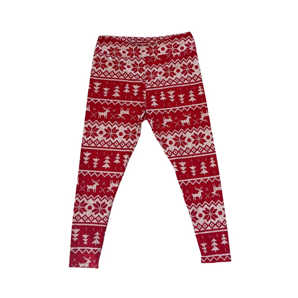 LuLaRoe Red White Fair Isle Reindeer Snowflake Holiday Leggings Women Tall -097